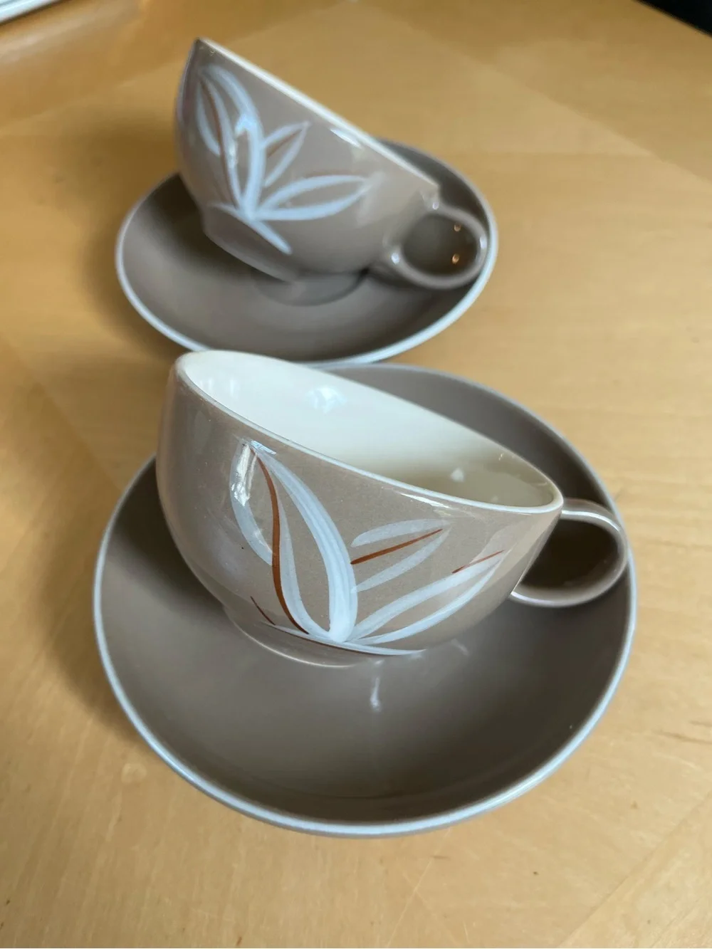 California Winfield Handcrafted Tea Cups and Saucers White Leaf Motif Set of 2